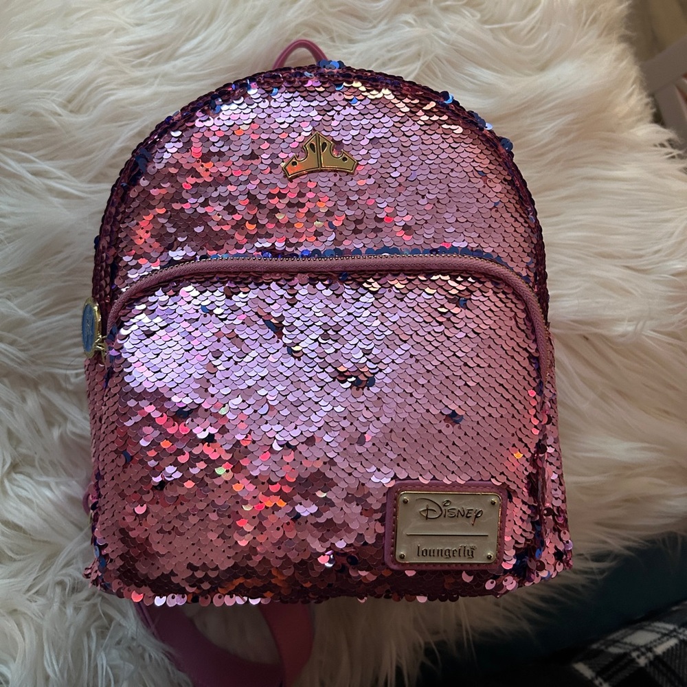 Loungefly x Disney Sleeping Beauty Pink Reversible Sequin Mini Backpack NWT